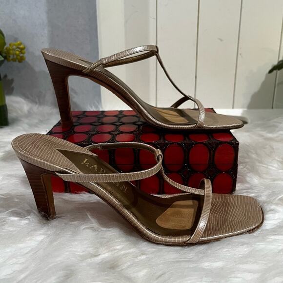 LRL Ralph Lauren Leather T-Strap Metallic High Heel Snakeskin Slides Sandals 5.5 - Picture 1 of 13